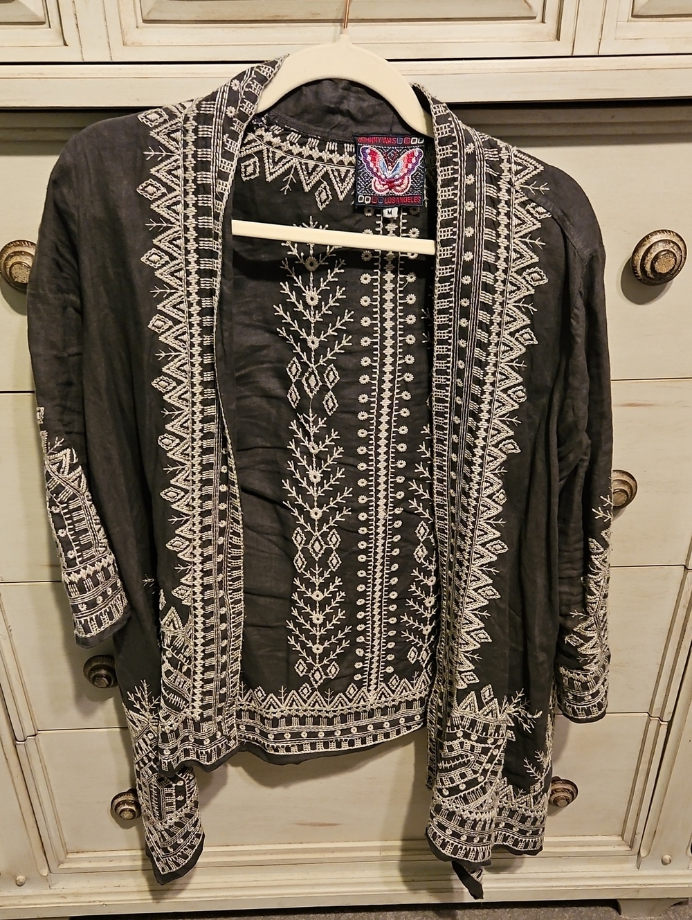 Johnny Was Gray Open-Front Embroidered Cardigan